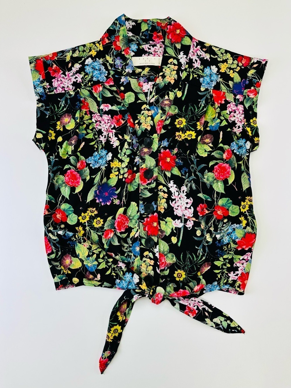 Annie 50 Floral Tie Front Blouse XS Black Made Canada VNeck Button Front Retro